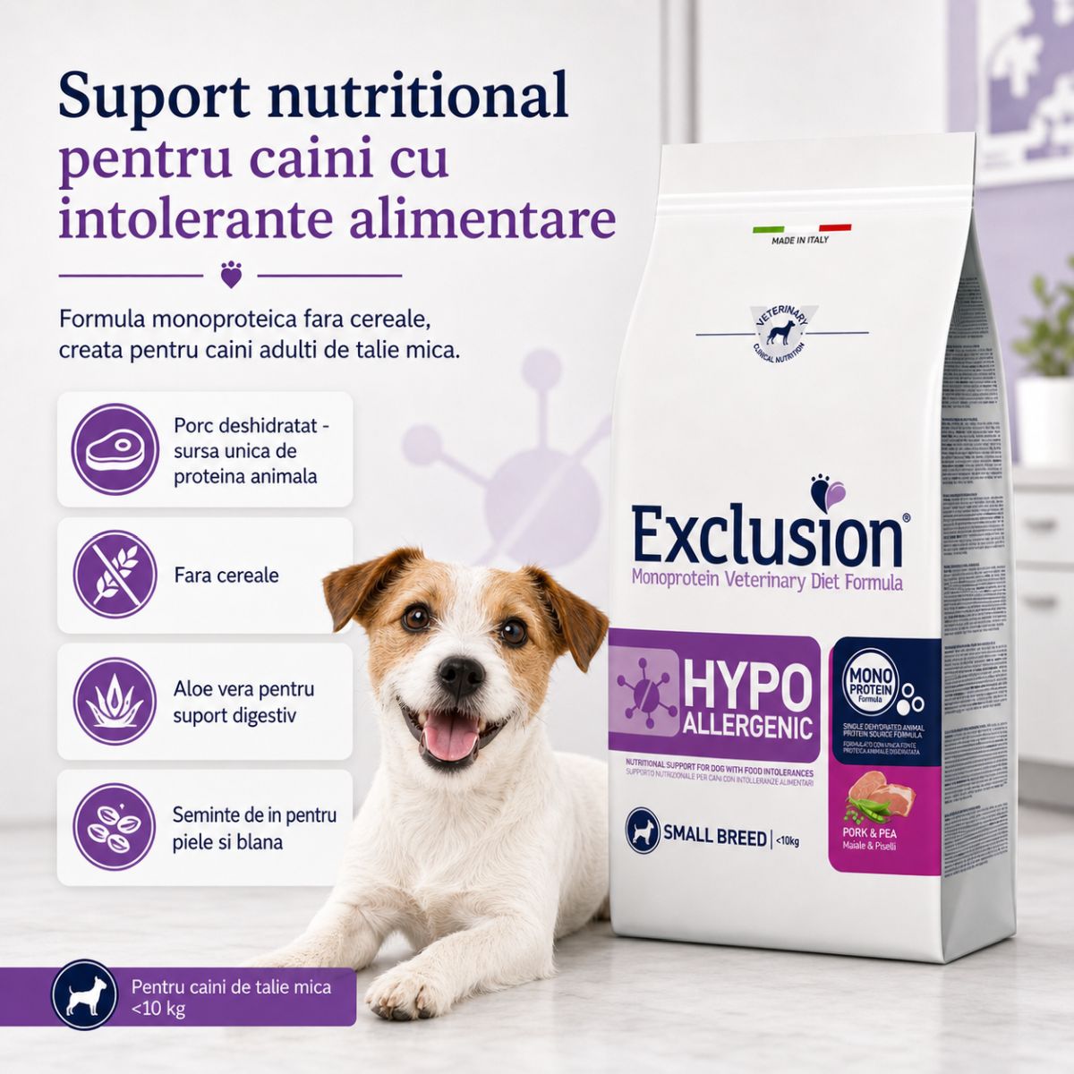 EXCLUSION Monoprotein VD Hypoallergenic Small, XS-S, Porc și Mazăre, dietă veterinară, hrană uscată fără cereale câini, alergii, 2kg - imagine 3